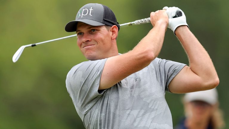 Adam Schenk tees off on the second hole during the third round of the Valspar Championship golf tournament. (Mike Carlson/AP)