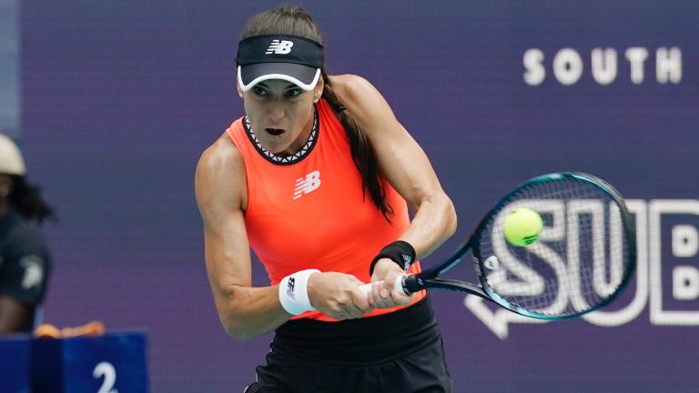 Sorana Cirstea of Romania returns to Aryna Sabalenka during the Miami Open tennis tournament, Wednesday, March 29, 2023, in Miami Gardens, Fla. (Marta Lavandier/AP)