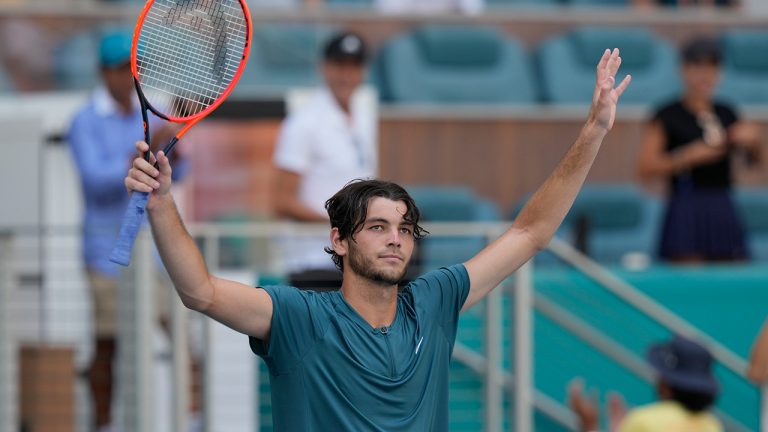 Taylor Fritz waves after defeating Holger Rune of Denmark during the Miami Open tennis tournament, Tuesday, March 28, 2023, in Miami Gardens, Fla. (Marta Lavandier/AP)