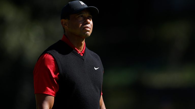 Tiger Woods waits to tee off on the 13th hole during the final round of the Genesis Invitational golf tournament at Riviera Country Club, Sunday, Feb. 19, 2023, in the Pacific Palisades area of Los Angeles. (AP)