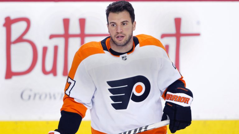 Philadelphia Flyers player Tony DeAngelo at a game against the Calgary Flames in Calgary, Alta., on Feb. 20, 2023. (Larry MacDougal/CP)