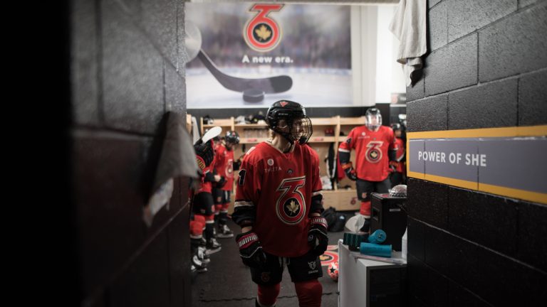 Tereza Vanisova of the Toronto Six of the Premier Hockey Federation makes her way towards the ice for warm-up before a game against the Connecticut Whale, at Canlan Sports at York University in Toronto, on Saturday, January 21, 2023. (Tijana Martin/CP)