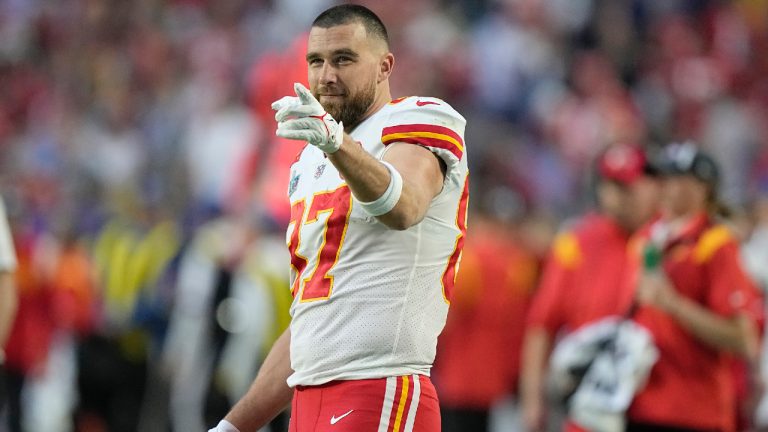 Kansas City Chiefs tight end Travis Kelce (87) gestures on the field during the first half of the NFL Super Bowl 57 football game between the Kansas City Chiefs and the Philadelphia Eagles, Sunday, Feb. 12, 2023, in Glendale, Ariz. (Brynn Anderson/AP)