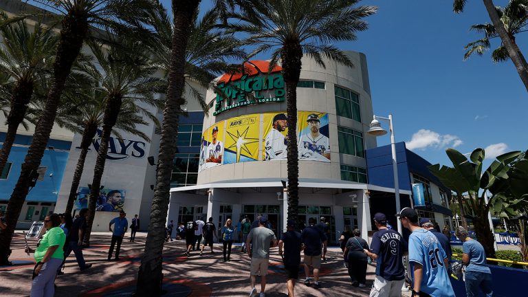 Baseball fans enter Tropicana Field for the Tampa Bay Rays opening day baseball game against the Baltimore Orioles, Friday, April, 8, 2022, in St. Petersburg, Fla. (Scott Audette/AP)