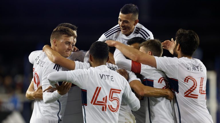 Vancouver Whitecaps celebrate a goal by midfielder Alessandro Schoepf during the first half of an MLS soccer match against the San Jose Earthquakes in San Jose, Calif., Saturday, March 4, 2023. (Josie Lepe/AP)