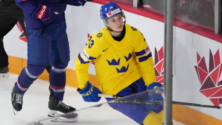 William Stromgren of Sweden during second period IIHF World Junior Hockey Championship bronze medal action in Halifax on Thursday, January 5, 2023. (Darren Calabrese/CP)