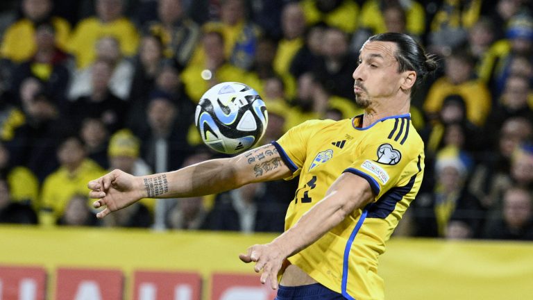 Sweden's Zlatan Ibrahimovic controls the ball during the Euro 2024 group F qualifying soccer match between Sweden and Belgium at Friends Arena in Stockholm, Friday March 24, 2023. (Anders Wiklund/TT News Agency via AP)