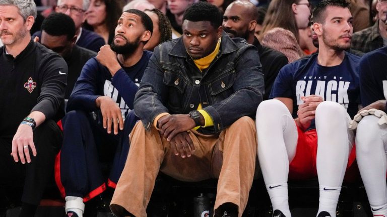 New Orleans Pelicans forward Zion Williamson watches from the bench during the second half of an NBA basketball game against the New York Knicks, Saturday, Feb. 25, 2023, at Madison Square Garden in New York. (Mary Altaffer/AP Photo)