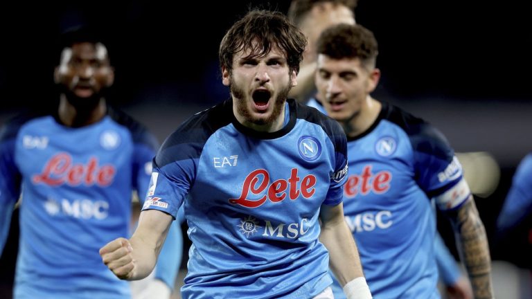 Napoli's Khvicha Kvaratskhelia celebrates scoring during the Serie A soccer match between Napoli and Atalanta at Diego Armando Maradona stadium in Naples, Italy, Saturday March 11, 2023. (Alessandro Garofalo/LaPresse via AP)