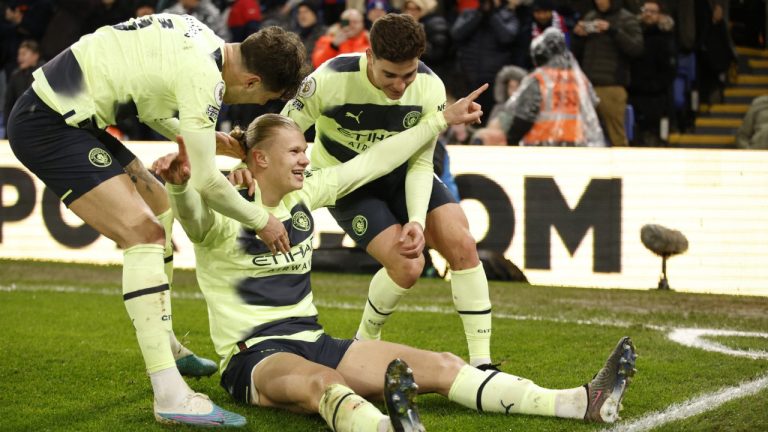 Manchester City's Erling Haaland celebrates after scoring his side's opening goal during the English Premier League soccer match between Crystal Palace and Manchester City at Selhurst Park stadium, in London, Saturday, March 11, 2023. (David Cliff/AP)