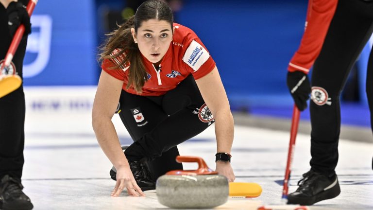 Canada's Shannon Birchard in action during the round robin session 1 match between Canada and Sweden of the Women's World Curling Championship at Goransson Arena in Sandviken, Sweden, Saturday, March 18, 2023. (Jonas Ekstromer/TT News Agency via AP)