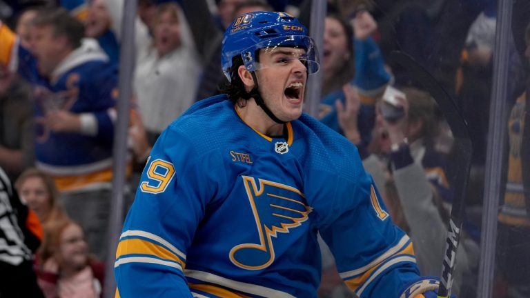 St. Louis Blues' Sammy Blais celebrates after scoring during the second period of an NHL hockey game against the Arizona Coyotes Saturday, Feb. 11, 2023, in St. Louis. (Jeff Roberson/AP Photo)