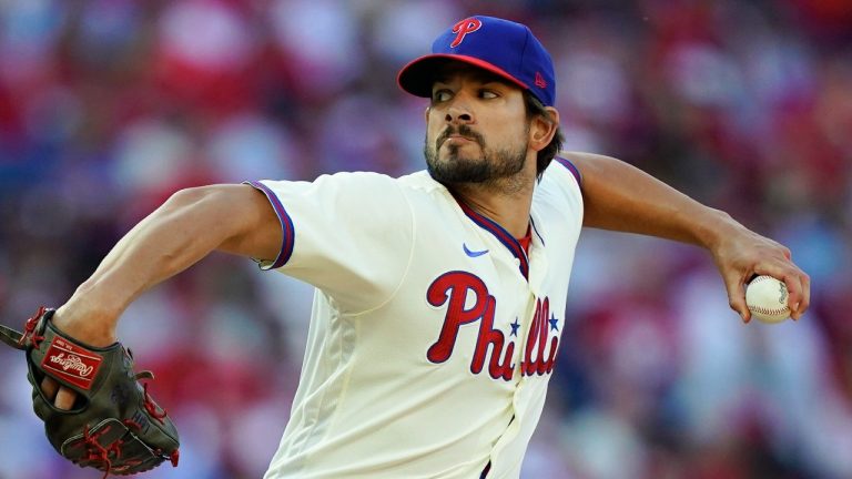 Philadelphia Phillies relief pitcher Brad Hand (52) works during the fifth inning in Game 4 of baseball's National League Division Series between the Philadelphia Phillies and the Atlanta Braves, Saturday, Oct. 15, 2022, in Philadelphia. (Matt Rourke/AP)