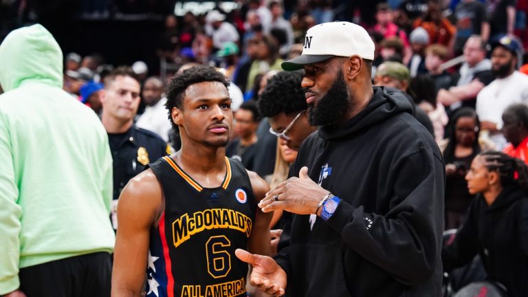 Bronny James #6 of the West team talks to Lebron James of the Los Angeles Lakers after the 2023 McDonald's High School Boys All-American Game at Toyota Center on March 28, 2023 in Houston, Texas. (Alex Bierens de Haan/Getty Images