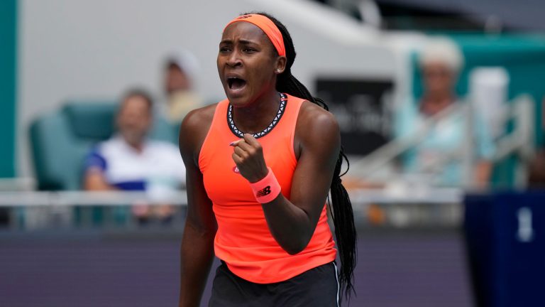 Coco Gauff reacts after winning a point against Rebecca Marino of Canada during the Miami Open tennis tournament. (Marta Lavandier/AP)