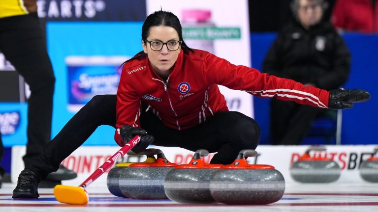 Fresh off winning a record-tying fourth Scotties Tournament of Hearts, Team Canada skip Kerri Einarson, third Val Sweeting, second Shannon Birchard and lead Briane Harris are jetting off to Sweden in pursuit of their first women's world title. Einarson watches the shot while playing Manitoba during the final at the Scotties Tournament of Hearts, in Kamloops, B.C., on Sunday, February 26, 2023. (Darryl Dyck/CP)