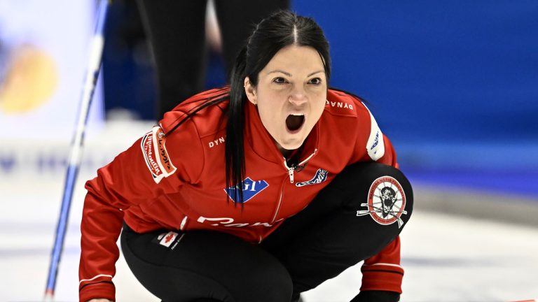 CaCanada's Kerri Einarson in action during the round robin session 1 match between Canada and Sweden of the Women's World Curling Championship. (Jonas Ekstromer/AP)