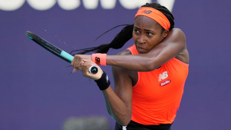 Coco Gauff returns to Anastasia Potapova during the Miami Open tennis tournament, Saturday, March 25, 2023, in Miami Gardens, Fla. (Marta Lavandier/AP)