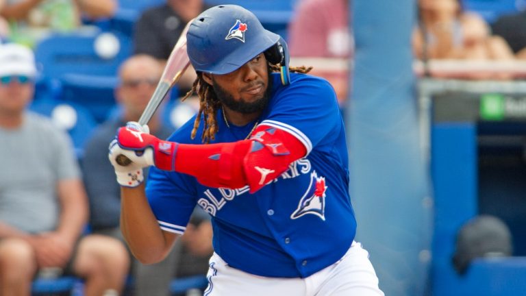 Toronto Blue Jays' Vladimir Guerrero Jr. bats against the New York Yankees during a spring training game at TD Ballpark in Dunedin, Fla., Saturday, March 18, 2023. (Mark Taylor/CP)