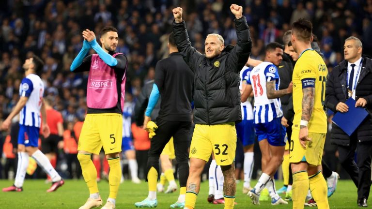 Inter Milan's Federico Dimarco celebrates at the end of the Champions League round of 16, 2nd leg, soccer match between FC Porto and Inter Milan at the Dragao stadium in Porto, Portugal, Tuesday, March 14, 2023. (Luis Vieira/AP Photo)