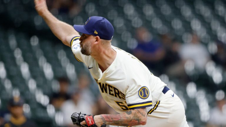 Milwaukee Brewers' John Axford pitches against the Pittsburgh Pirates during the ninth inning of a baseball game Monday, Aug. 2, 2021, in Milwaukee. (Jeffrey Phelps/AP)