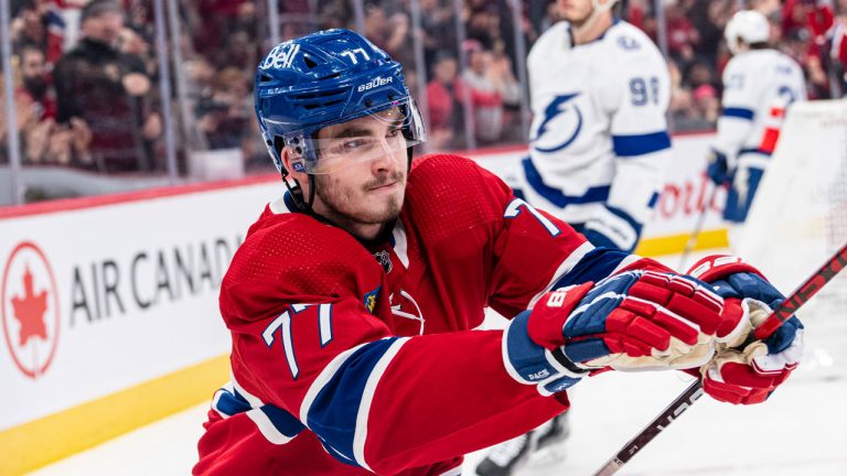 Kirby Dach #77 of the Montreal Canadiens celebrates after a goal during the first period of the NHL regular season game between the Montreal Canadiens and the Tampa Bay Lightning at the Bell Centre on March 21, 2023 in Montreal. (Francois Lacasse/Getty Images)
