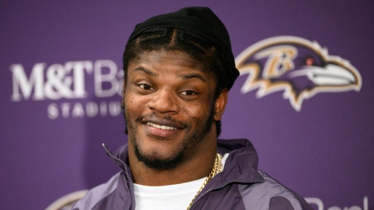 Baltimore Ravens quarterback Lamar Jackson speaks at a news conference after an NFL football game against the Carolina Panthers, Sunday, Nov. 20, 2022, in Baltimore. (Nick Wass/AP Photo)