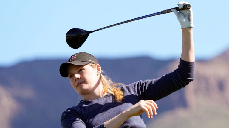 Maude-Aimee Leblanc hits from the third tee during the Drive On Championship golf tournament, Thursday, March 23, 2023, in Gold Canyon, Ariz. (Matt York/AP Photo)