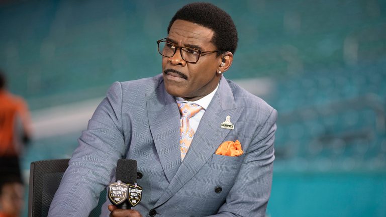 NFL Network analyst Michael Irvin speaks on air during the NFL Network's NFL GameDay Kickoff broadcast before the start of an NFL football game between the Baltimore Ravens and the Miami Dolphins, on Nov. 11, 2021. (Doug Murray/AP)