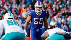 Buffalo Bills linebacker Matt Milano looks over the Miami Dolphins offence during the first half of an NFL wild-card playoff game on Jan. 15, 2023, in Orchard Park, N.Y. (AP)