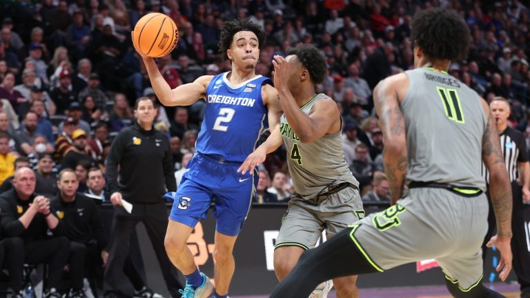 Ryan Nembhard #2 of the Creighton Bluejays drives the lane during the first half against the Baylor Bears in the second round of the NCAA Men's Basketball Tournament at Ball Arena on March 19, 2023 in Denver, Colorado. (Sean M. Haffey/Getty Images)