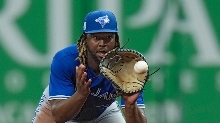 Toronto Blue Jays first baseman Rainer Nunez fields a ground ball by Tampa Bay Rays' Josh Lowe during the second inning of a spring training baseball game Thursday, March 9, 2023, in St. Petersburg, Fla. Lowe was out at first base. (Chris O'Meara/AP Photo)