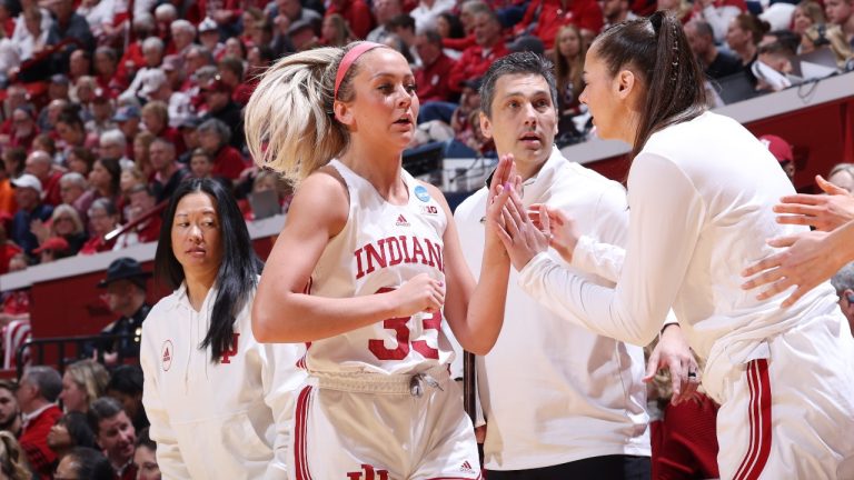 Sydney Parrish #33 of the Indiana Hoosiers gets a high five as she comes to the bench during a game against the Tennessee Tech Golden Eagles during the first round of the 2023 NCAA Women's Basketball Tournament held at Simon Skjodt Assembly Hall on March 18, 2023 in Bloomington, Indiana. (Joe Robbins/NCAA Photos via Getty Images)