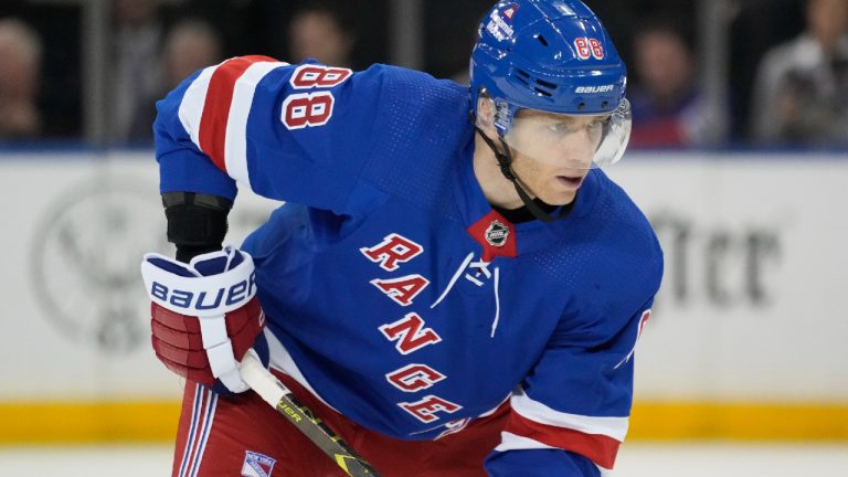 New York Rangers right wing Patrick Kane (88) waits for a face-off during the first period of an NHL hockey game against the Ottawa Senators, Thursday, March 2, 2023, in New York. (AP)