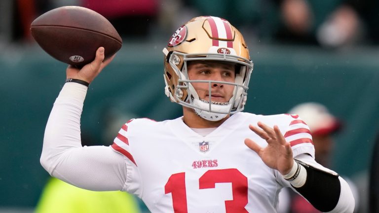 San Francisco 49ers quarterback Brock Purdy warms up before the NFC Championship NFL football game between the Philadelphia Eagles and the San Francisco 49ers on Sunday, Jan. 29, 2023, in Philadelphia. (Seth Wenig/AP)