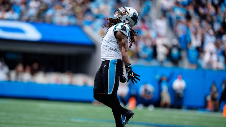 Carolina Panthers linebacker Shaq Thompson (7) reacts after a blocked field goal during the first half of an NFL football game against the New Orleans Saints, Sunday, Sept. 25, 2022, in Charlotte, N.C. (Jacob Kupferman/AP)