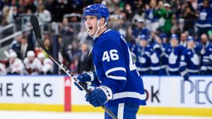 Toronto Maple Leafs centre Alex Steeves (46) celebrates after scoring during second period NHL pre-season action against the Ottawa Senators in Toronto on Saturday, September 24, 2022. (Christopher Katsarov/CP)