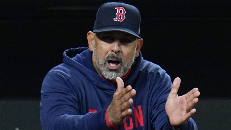 Boston Red Sox manager Alex Cora reacts from the dugout after Enrique Hernandez was called out on strikes during the ninth inning of a baseball game against the Baltimore Orioles, Monday, April 24, 2023, in Baltimore, Md. The Orioles won 5-4. (Julio Cortez/AP)