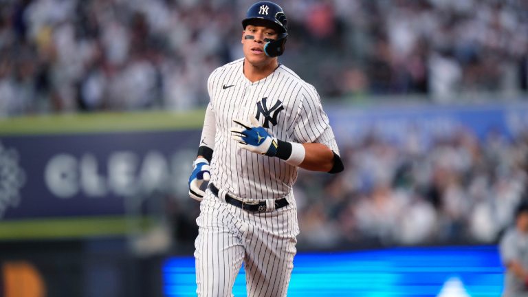 New York Yankees' Aaron Judge runs the bases after hitting a home run against the Minnesota Twins during the first inning of a baseball game against the Minnesota Twins on Friday, April 14, 2023, in New York. (Frank Franklin II/AP)