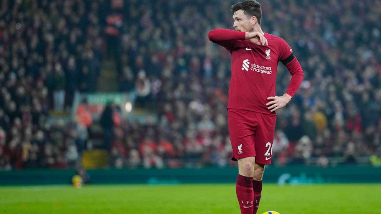 Liverpool's Andrew Robertson reacts during the English Premier League soccer match between Liverpool and Everton at the Anfield stadium in Liverpool, England, Monday, Feb. 13, 2023. (Jon Super/AP)