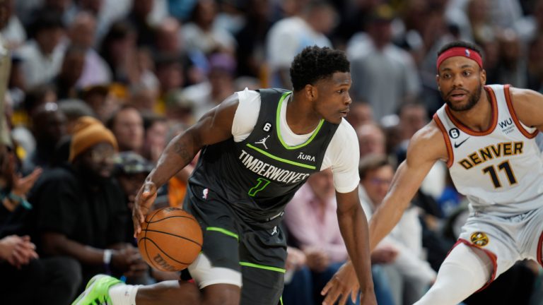 Minnesota Timberwolves guard Anthony Edwards (1) and Denver Nuggets forward Bruce Brown (11) in the second half of Game 5 of an NBA basketball first-round playoff series Tuesday, April 25, 2023, in Denver. (David Zalubowski/AP)