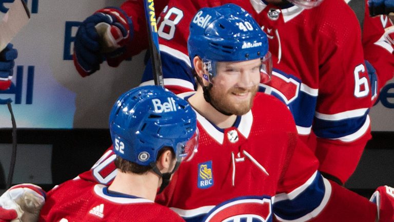 Montreal Canadiens' Joel Armia (40) celebrates his goal against the Washington Capitals with teammate Justin Barron (52) during second period NHL hockey action in Montreal, Thursday, April 6, 2023. (Peter McCabe/THE CANADIAN PRESS)