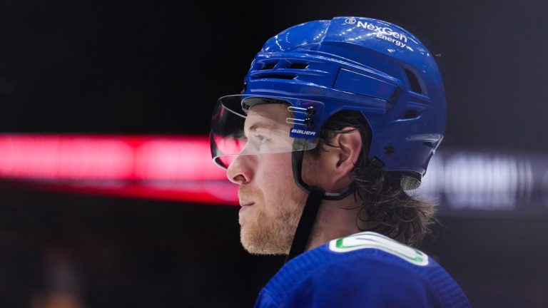 Vancouver Canucks' Brock Boeser waits for a faceoff against the Seattle Kraken during the third period of an NHL hockey game in Vancouver, on Thursday, December 22, 2022. (Darryl Dyck/CP)