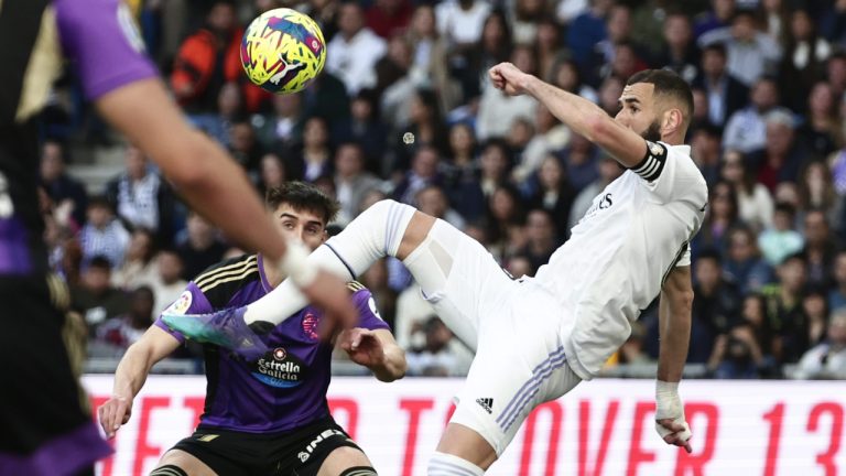 Real Madrid's Karim Benzema scores his side's fourth goal during a Spanish La Liga soccer match between Real Madrid and Valladolid at the Santiago Bernabeu stadium in Madrid, Spain, Sunday, April 2, 2023. (Pablo Garcia/AP)