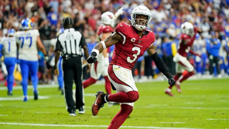 Arizona Cardinals safety Budda Baker (3) celebrates after the Cardinals recovered a fumble by the Los Angeles Rams during the second half of an NFL football game, Sunday, Sept. 25, 2022, in Glendale, Ariz. (Ross D. Franklin/AP)