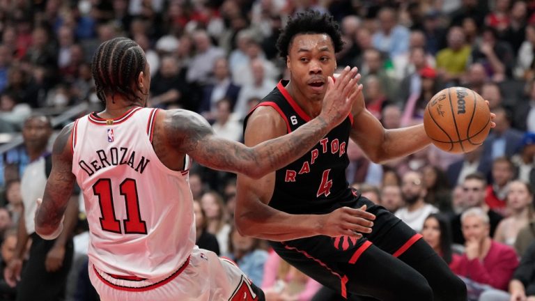 Chicago Bulls forward DeMar DeRozan (11) fouls Toronto Raptors forward Scottie Barnes (4) during second half NBA basketball action in Toronto on Wednesday, April 12, 2023. (Frank Gunn/CP)