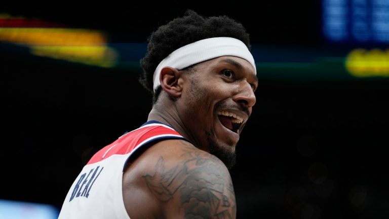 Washington Wizards guard Bradley Beal reacts during the second half of the team's NBA basketball game against the Detroit Pistons on Tuesday, March 14, 2023, in Washington. (Carolyn Kaster/AP)