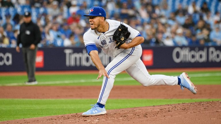 Toronto Blue Jays starting pitcher Jose Berrios (17) throws the ball during second inning MLB baseball action against the Tampa Bay Rays in Toronto on Friday, April 14, 2023. (Christopher Katsarov/CP)