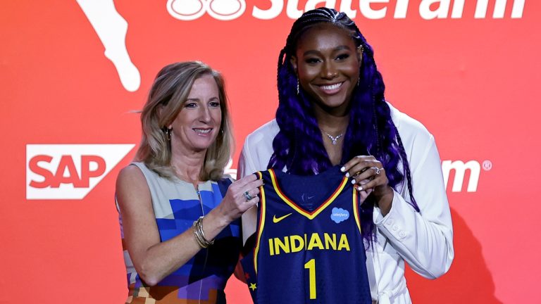 South Carolina's Aliyah Boston, right, poses for a photo with commissioner Cathy Engelbert after the Indiana Fever selected her first overall at the WNBA basketball draft Monday, April 10, 2023, in New York. (Adam Hunger/AP)