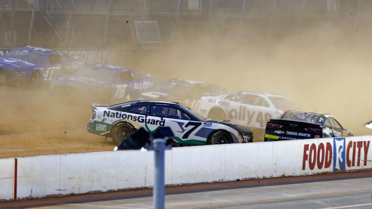 Driver's Corey LaJoie (7), Alex Bowman (48) and Noah Gragson (16) wreck coming out of Turn 2 during a NASCAR Cup Series auto race, Sunday, April 17, 2022, in Bristol, Tenn. (Wade Payne/AP)